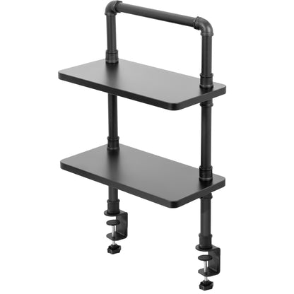 Clamp-on Industrial Pipe Shelves secure to your office desk and create dual level storage for clearing workspace clutter.