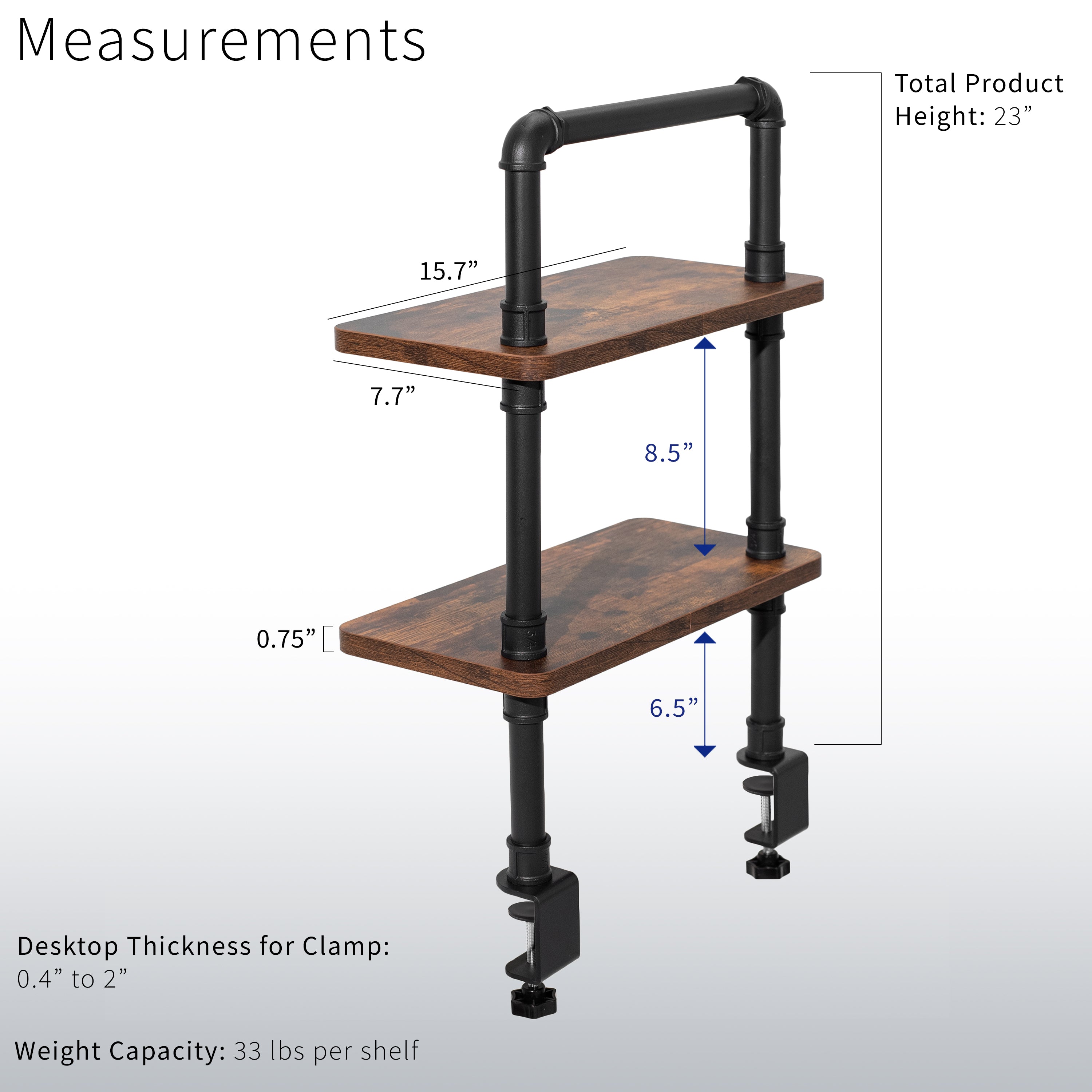 Clamp-on Industrial Pipe Shelves secure to your office desk and create dual level storage for clearing workspace clutter.