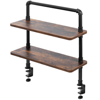 Clamp-on Industrial Pipe Shelves secure to your office desk and create dual level storage for clearing workspace clutter.