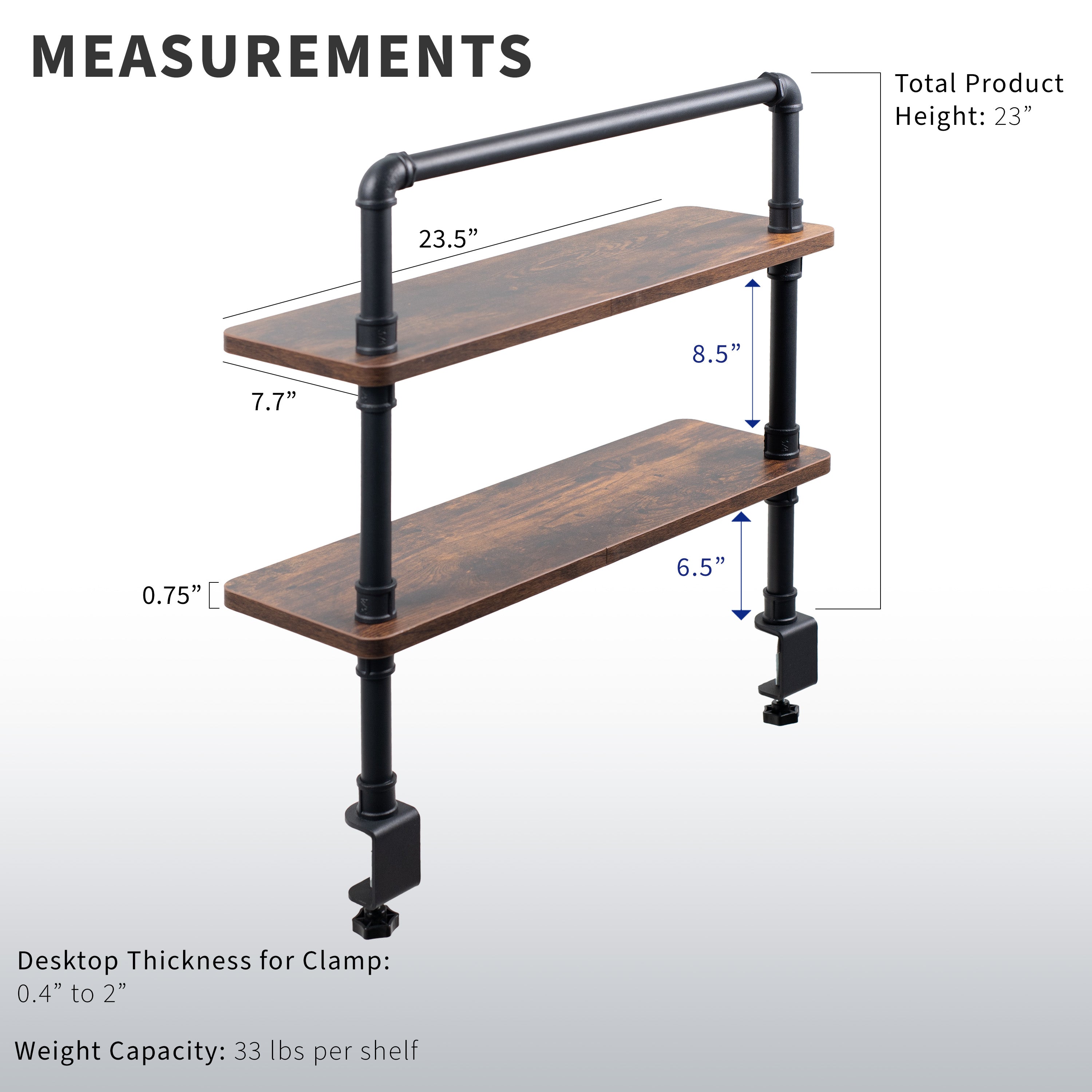 Clamp-on Industrial Pipe Shelves secure to your office desk and create dual level storage for clearing workspace clutter.