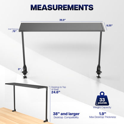 38-inch clamp-on overhead shelf dimensions showing adjustable height and storage space above a desk