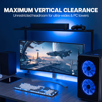 38-inch overhead desk shelf providing vertical clearance for large monitors and gaming computer setups
