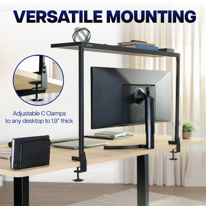 Clamp-on overhead shelf with adjustable desk clamps for secure, space-saving storage without drilling