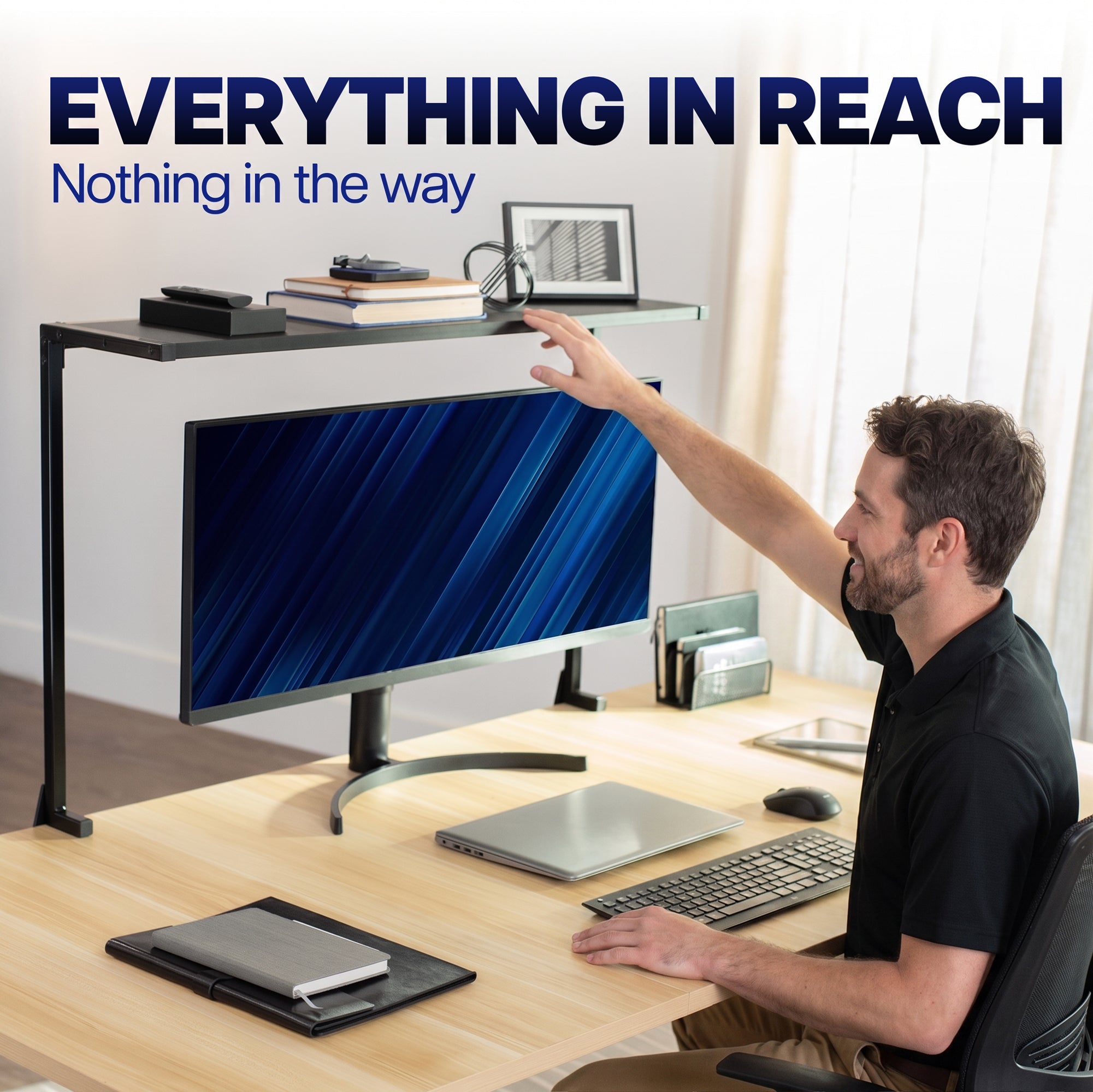 Overhead desk shelf keeping office supplies and accessories organized and within easy reach above a monitor