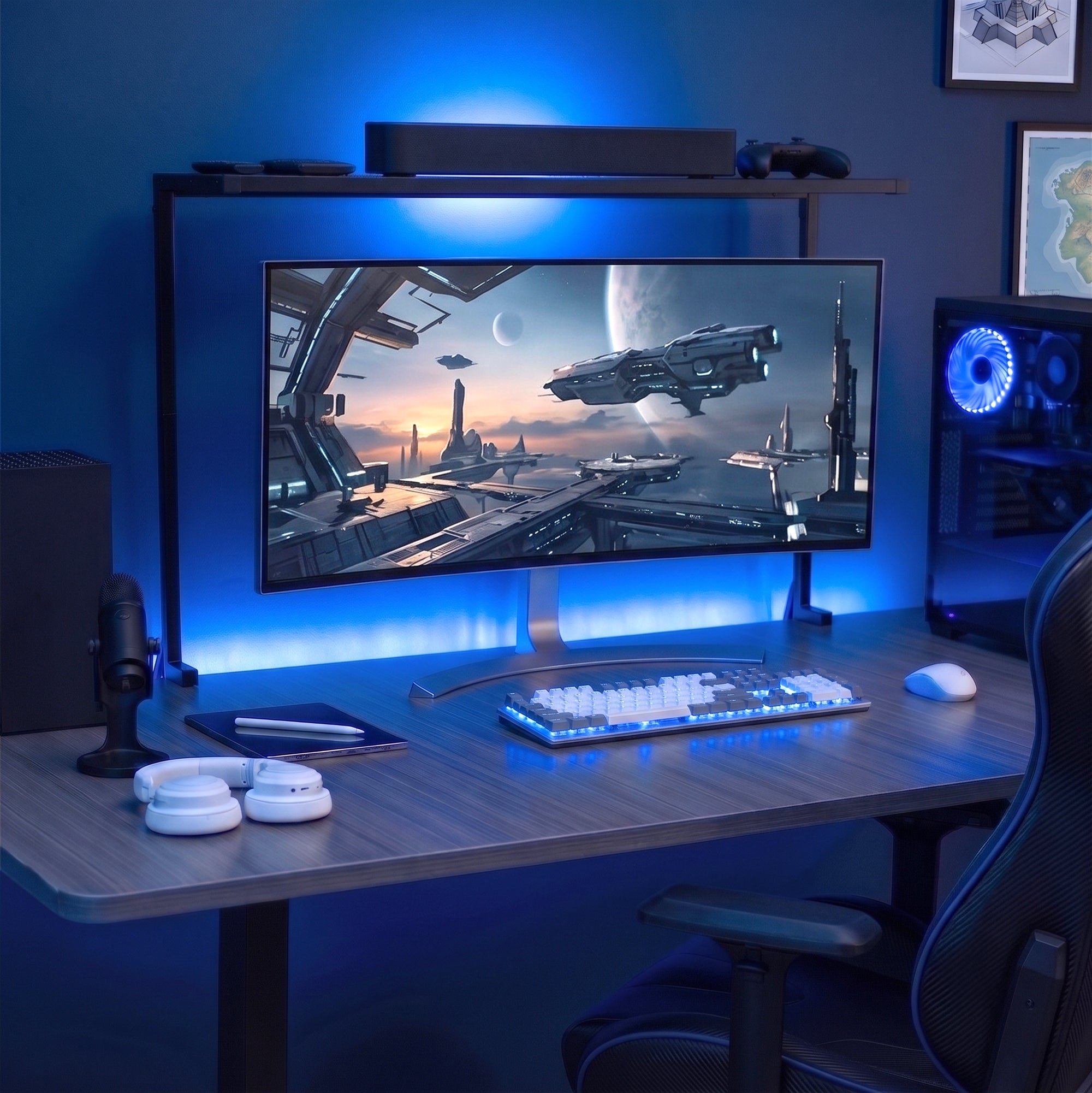 Clamp-on overhead shelf installed above a gaming monitor for elevated storage and a space-saving desk setup