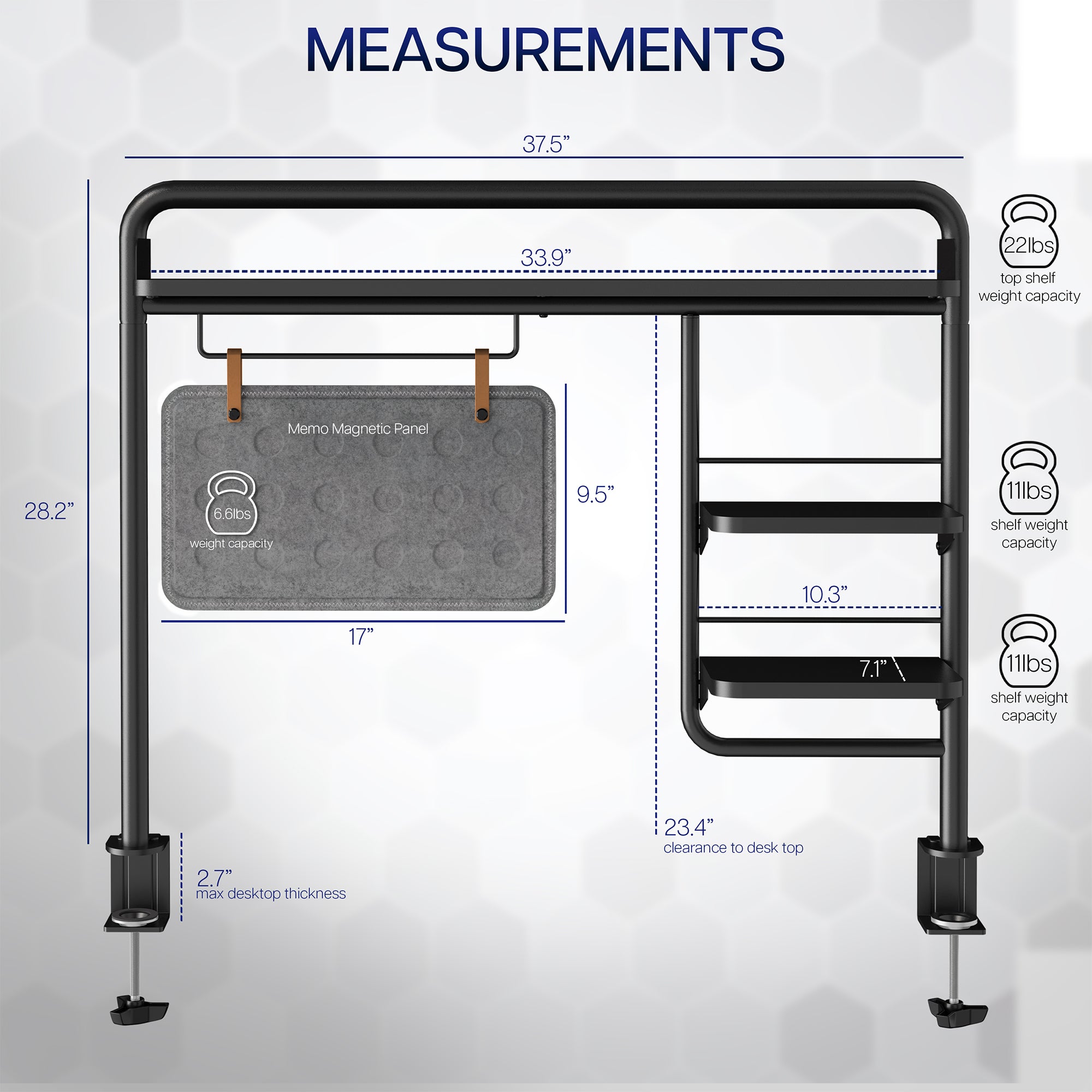 Clamp-on Desktop Shelving System for organizing office workspaces.