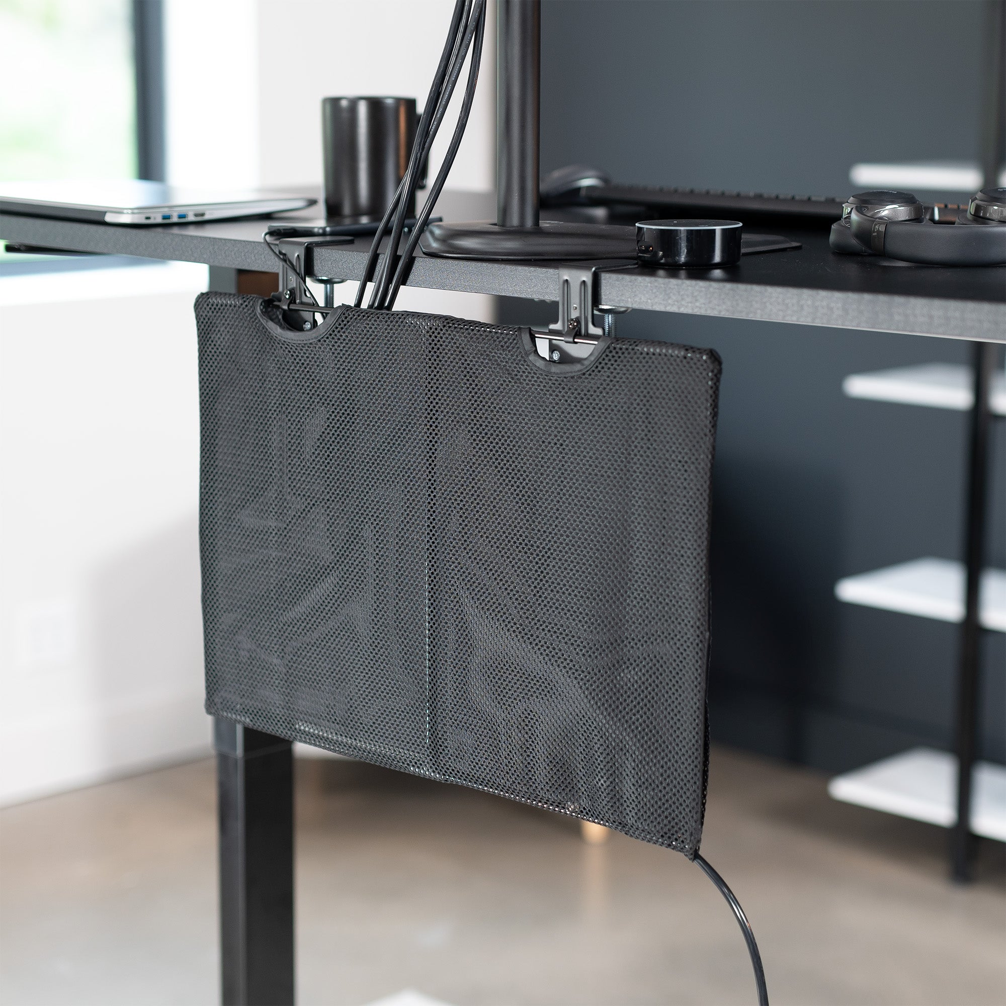 Durable clamp-on desk skirt for extra storage and cord management.