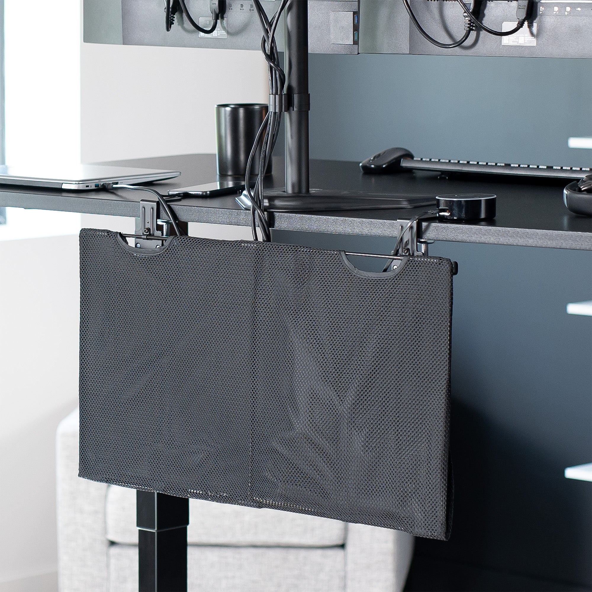 Durable clamp-on desk skirt for extra storage and cord management.