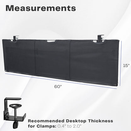 Dimensions of clamp-on desk skirt with extra storage and cord management.