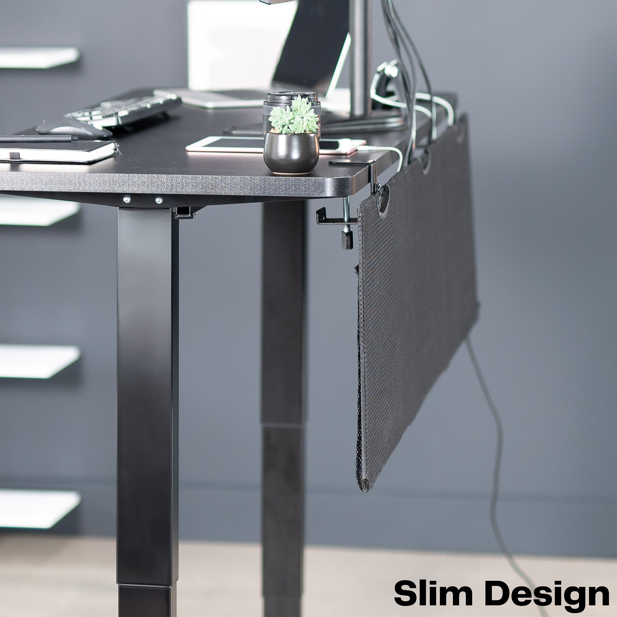 Durable clamp-on desk skirt for extra storage and cord management.