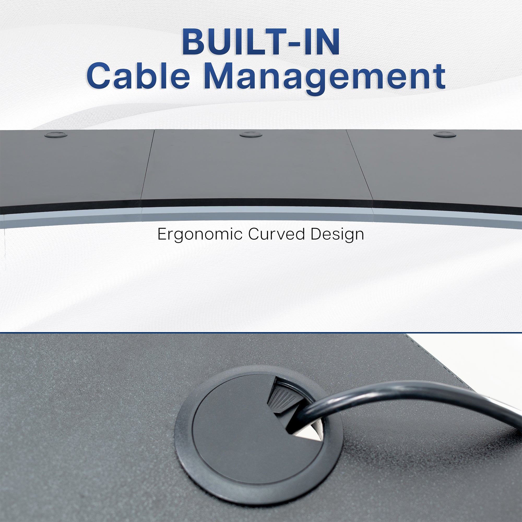 Specifications of tabletop dimension and feature of three cable management openings to maintain a tidy desktop.