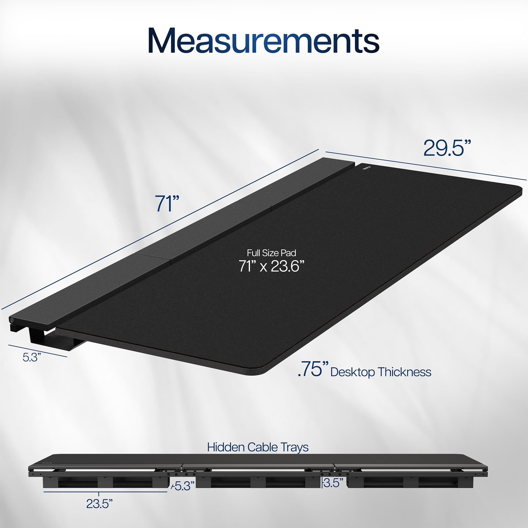 Measurement details of a black desk pad with dimensions labeled.