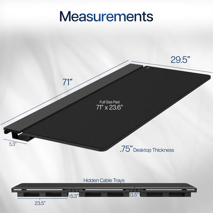 Measurement details of a black desk pad with dimensions labeled.