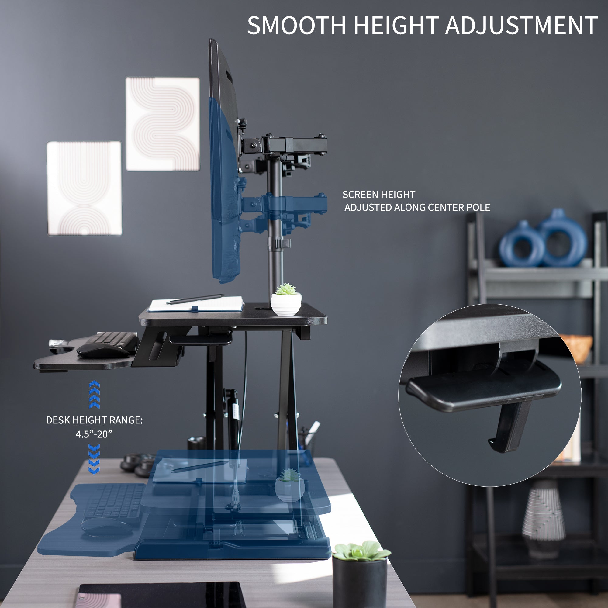 Sturdy height adjustable desk converter with articulating dual monitor mount.