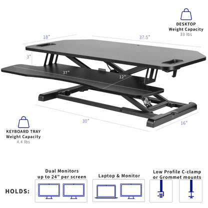 Heavy-duty height adjustable desk converter monitor riser with 2 tiers.