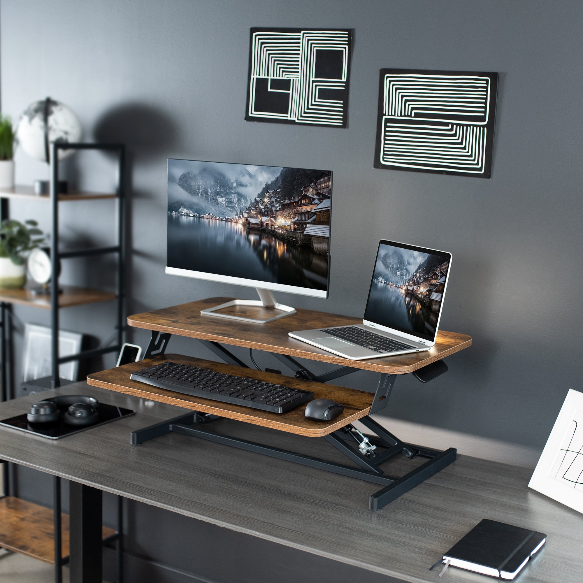 Heavy-duty, rustic, height adjustable desk converter monitor riser with 2 tiers.