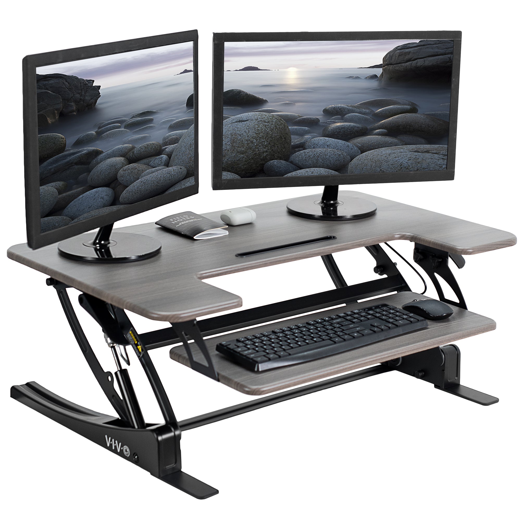 Heavy-duty height adjustable desk converter monitor riser with 2 tiers.