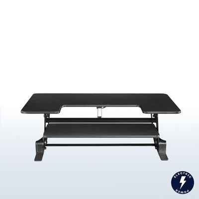 Electric desk converter monitor riser supporting two monitors with a USB port.