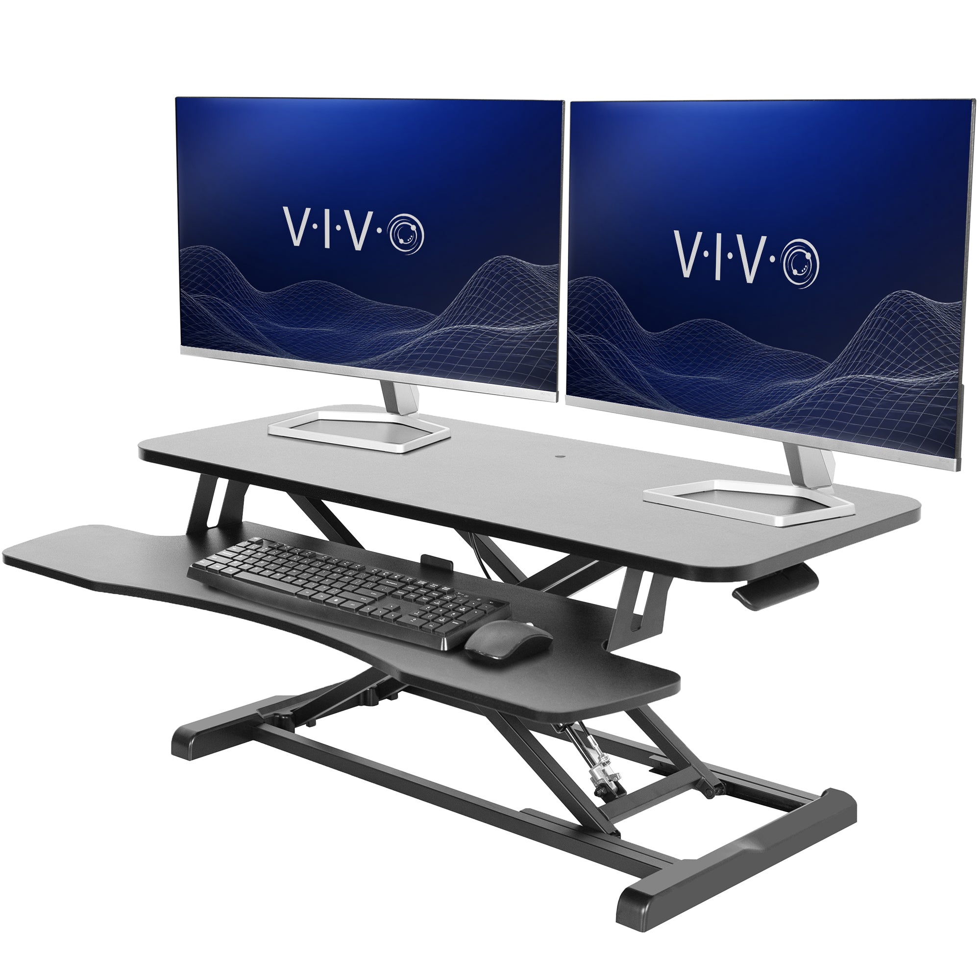 Sturdy height adjustable 2-tiered desk riser for ergonomic office workstation.