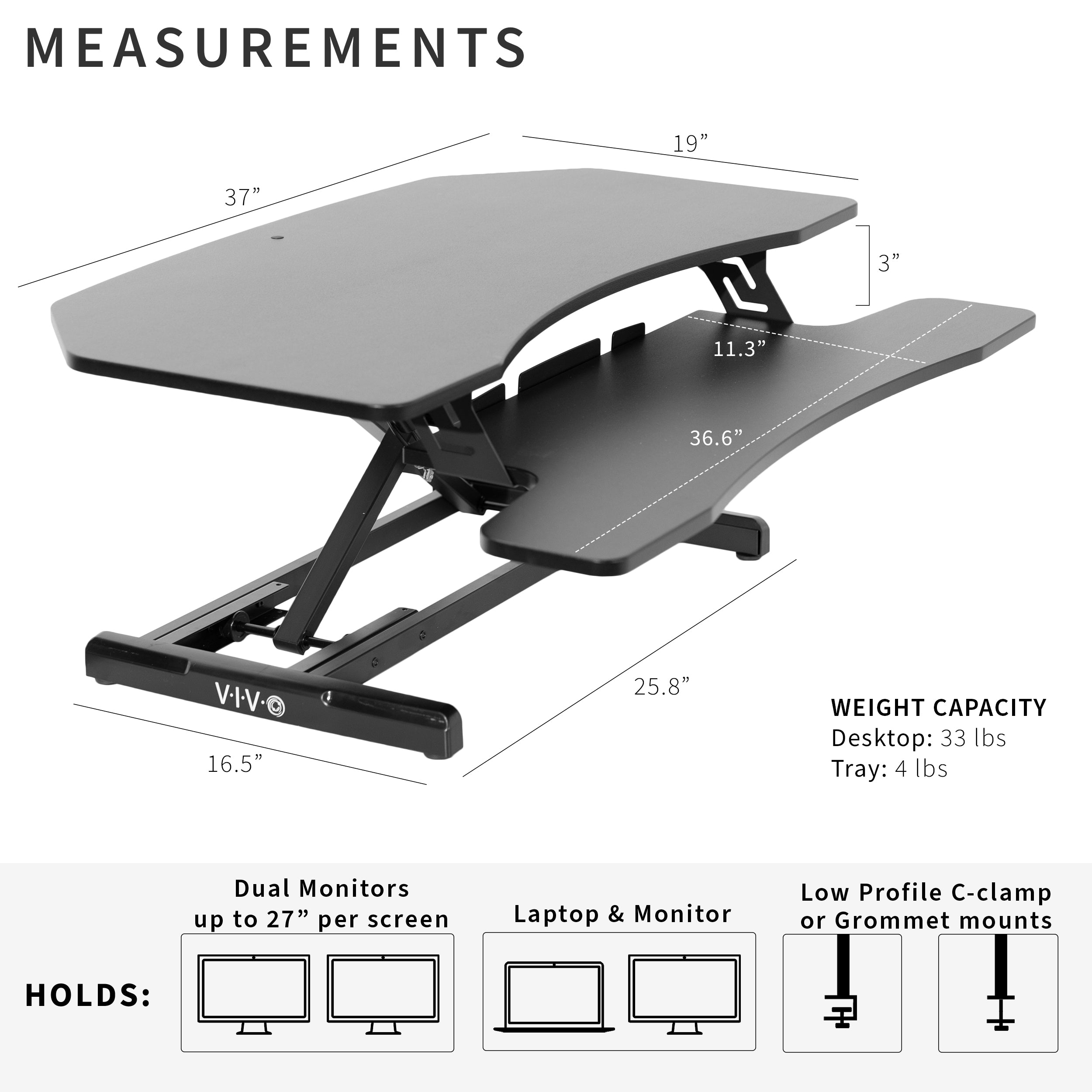 Heavy-duty height adjustable desk converter monitor riser for corner desk workstation.