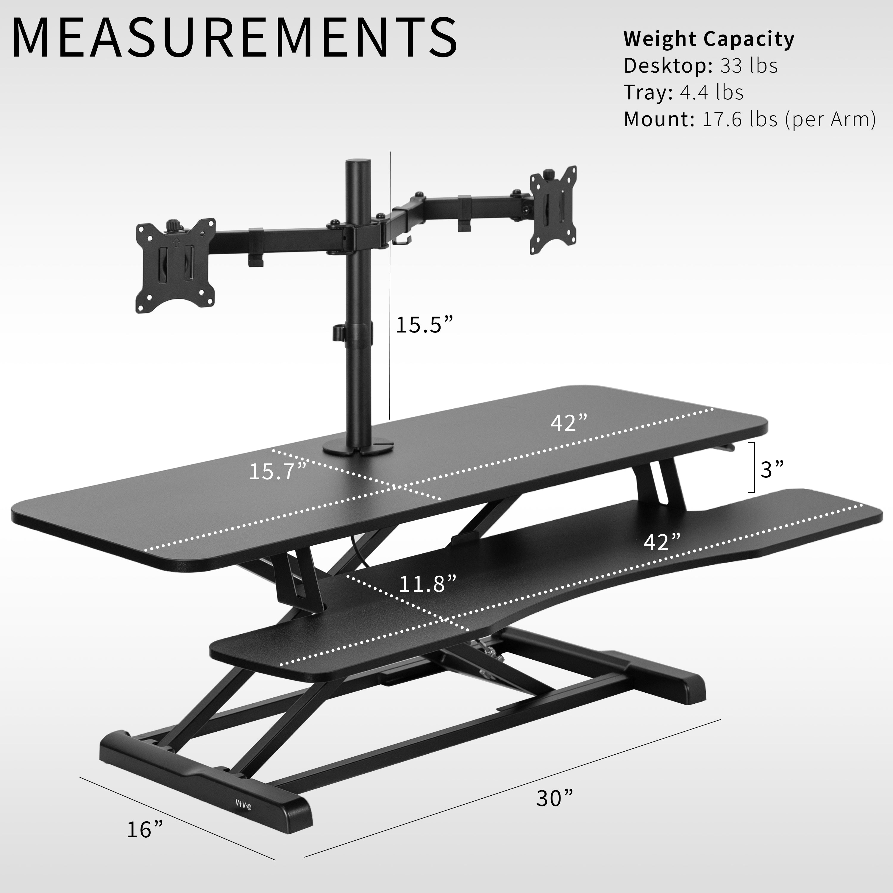 Sturdy height adjustable desk converter with articulating dual monitor mount.