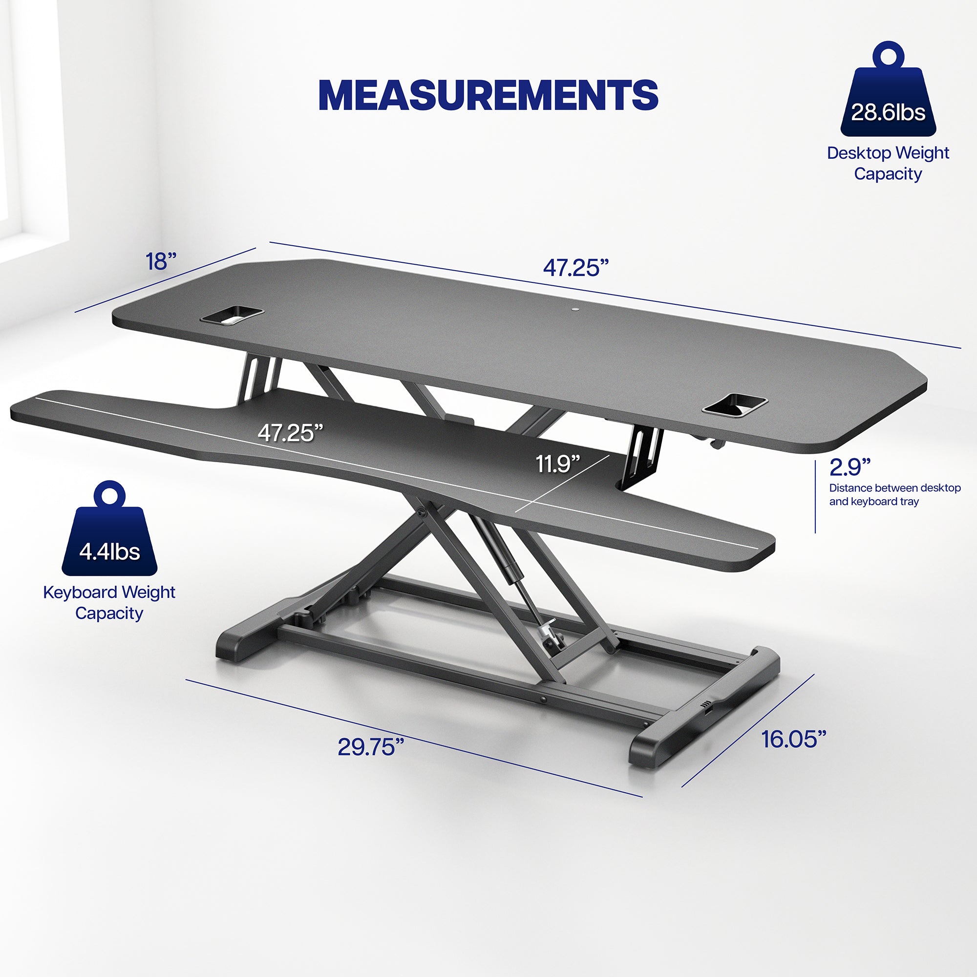 Heavy-duty large height adjustable desk converter monitor riser with 2 tiers.