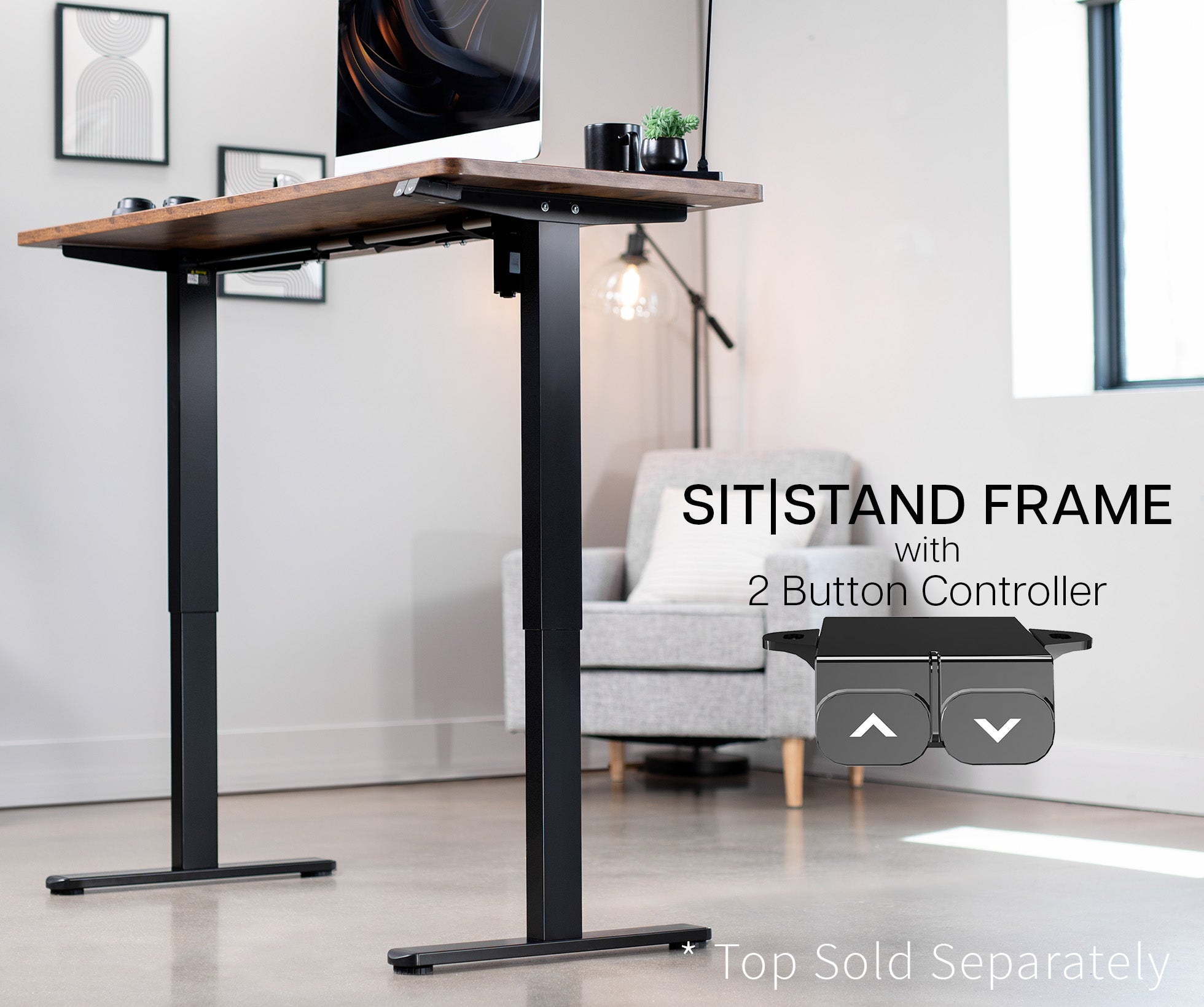 Sturdy ergonomic sit or stand desk frame for active workstation with adjustable height and 2 button controller.