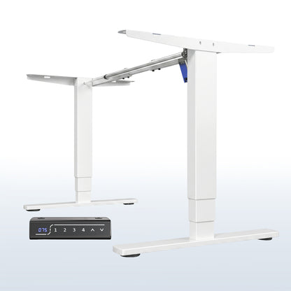 Heavy-duty sit or stand desk frame with adjustable height using touch screen control panel.