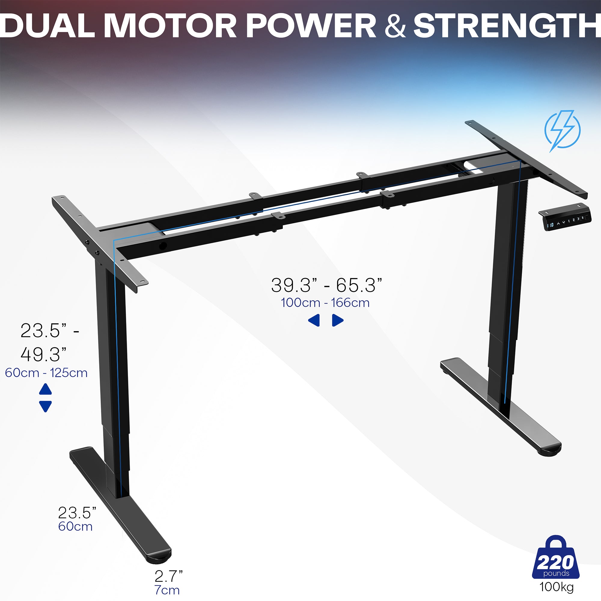 Sit or stand on demand throughout the busy day with this solid frame featuring dual thermal motors and 3-stage telescopic height adjustment.