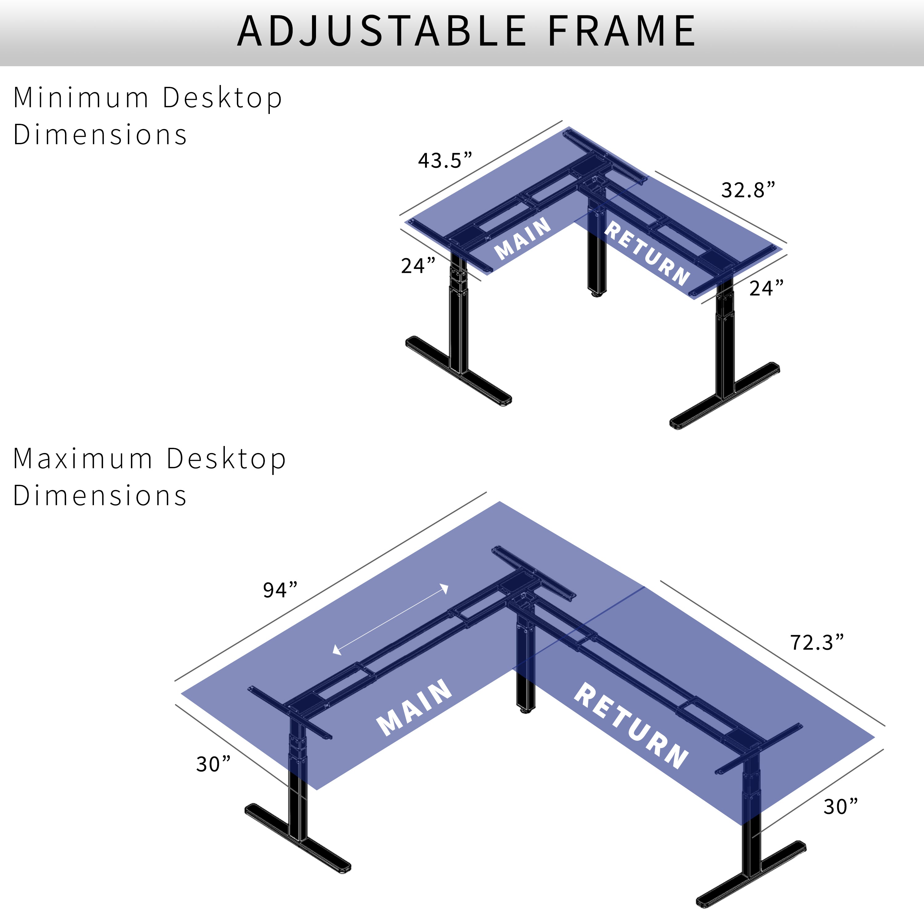 Large L-shaped desk size options.