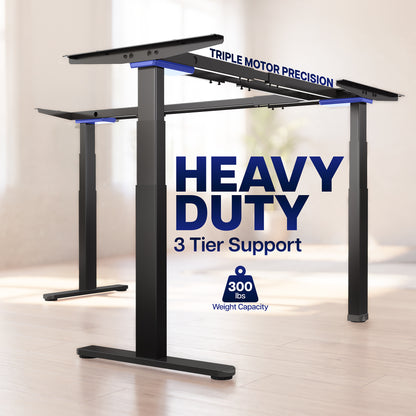 Heavy duty, 3-tier support text on an image of an l-shaped frame in a blurred scene