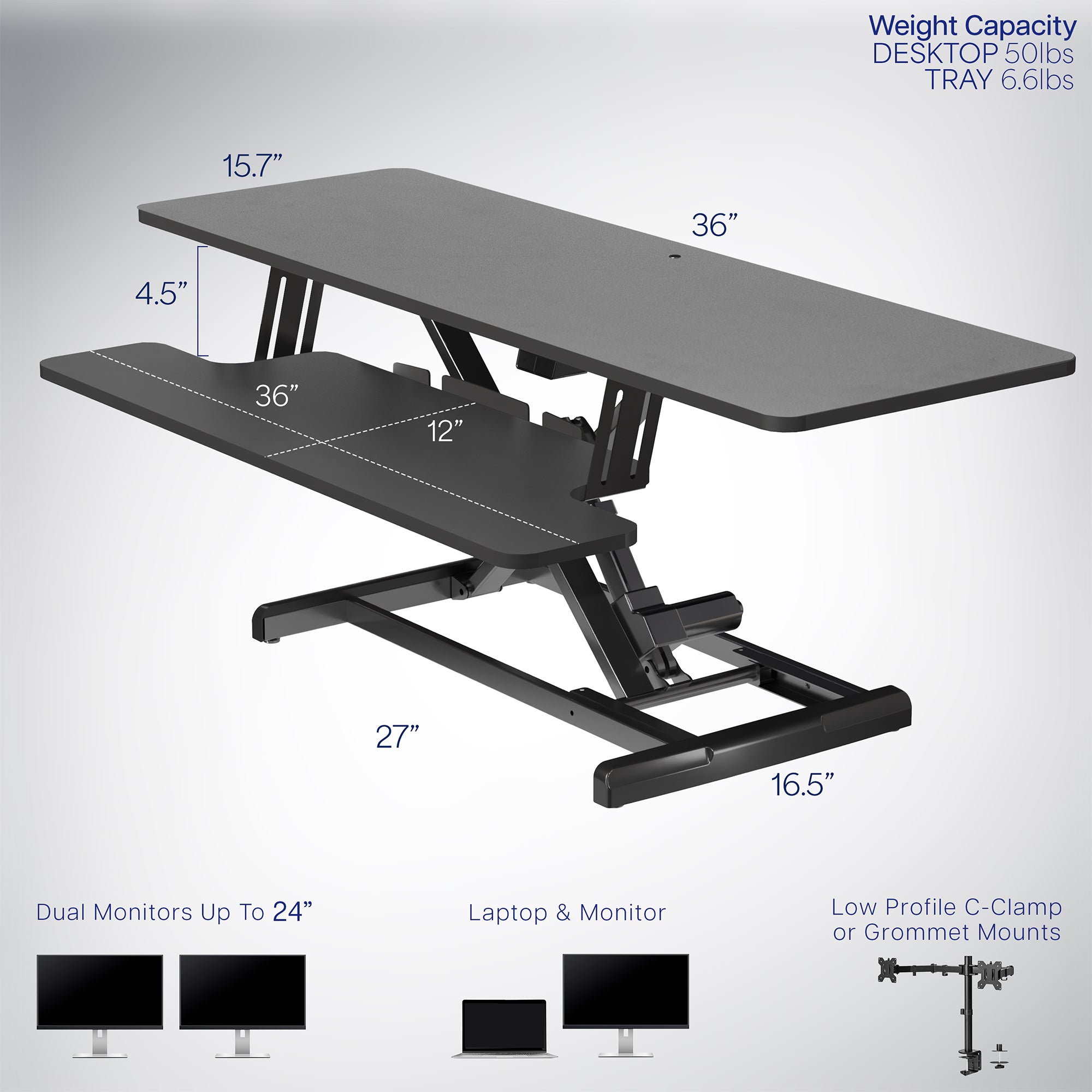 Electric Motor Desk Converter, Height Adjustable Riser, Sit to Stand Dual Monitor and Laptop Workstation with Wide Keyboard Tray