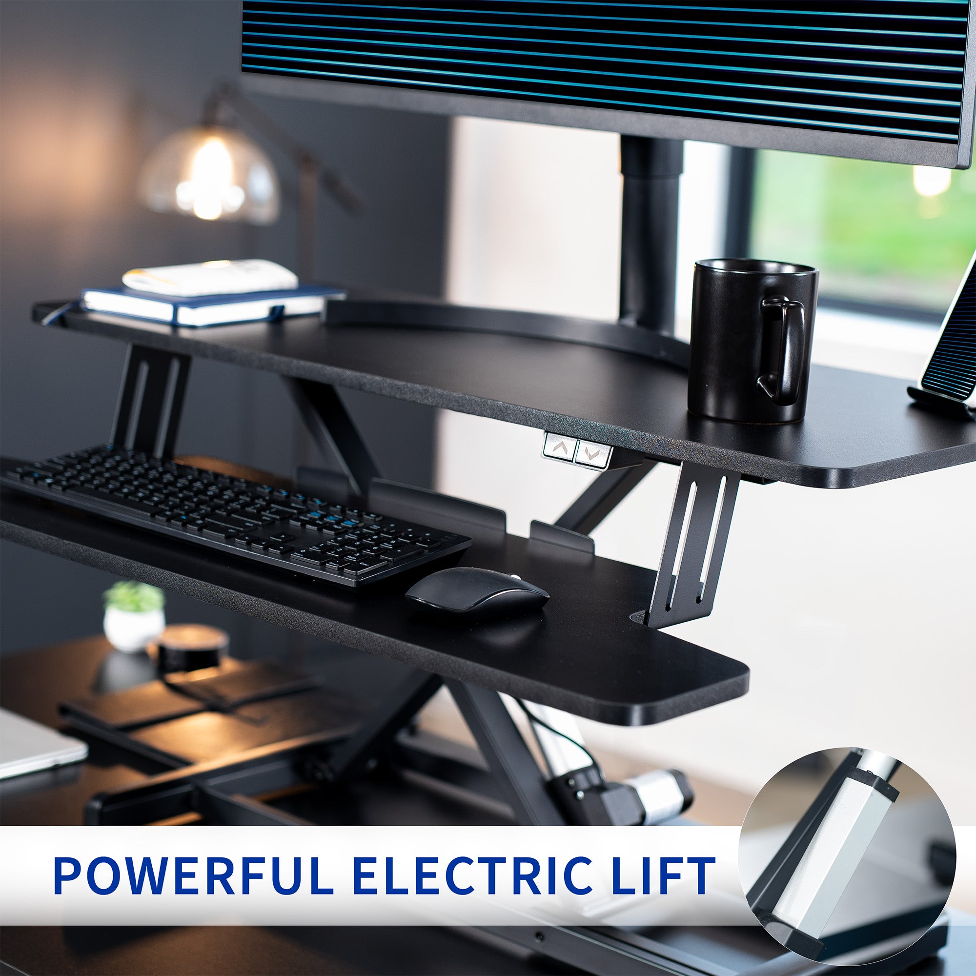 Electric Motor Desk Converter, Height Adjustable Riser, Sit to Stand Dual Monitor and Laptop Workstation with Wide Keyboard Tray