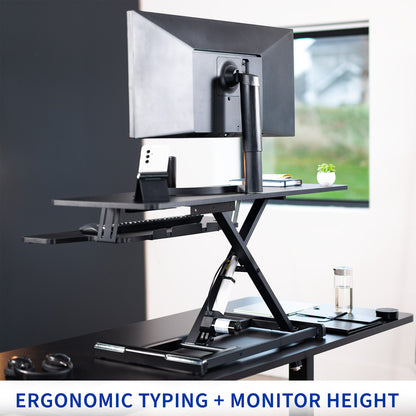 Electric Motor Desk Converter, Height Adjustable Riser, Sit to Stand Dual Monitor and Laptop Workstation with Wide Keyboard Tray