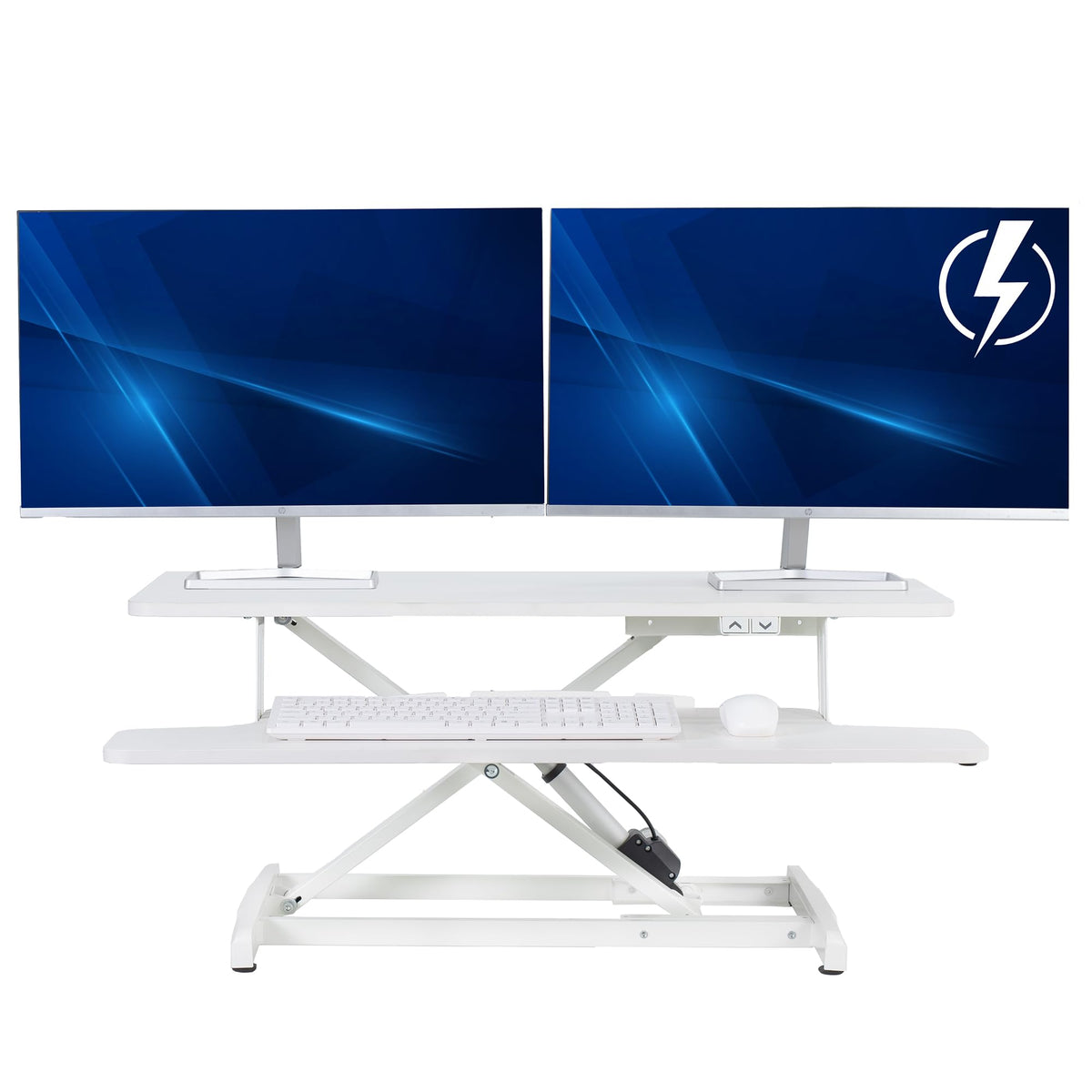 White Electric Motor Desk Converter, Height Adjustable Riser, Sit to Stand Dual Monitor and Laptop Workstation with Wide Keyboard Tray