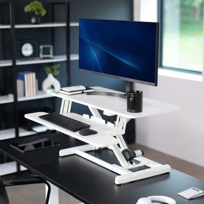 White Electric Motor Desk Converter, Height Adjustable Riser, Sit to Stand Dual Monitor and Laptop Workstation with Wide Keyboard Tray