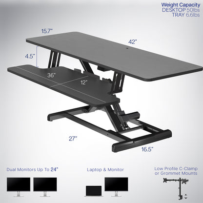 Electric Motor Desk Converter, Height Adjustable Riser, Sit to Stand Dual Monitor and Laptop Workstation with Wide Keyboard Tray