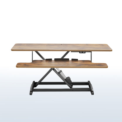 Vintage Brown Electric Motor Desk Converter, Height Adjustable Riser, Rustic Sit to Stand Dual Monitor and Laptop Workstation with Wide Keyboard Tray