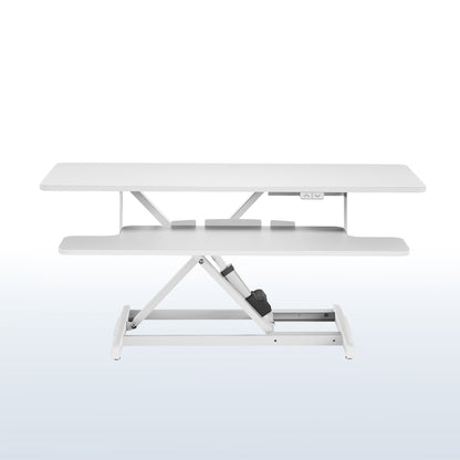 White Electric Motor Desk Converter, Height Adjustable Riser, Sit to Stand Dual Monitor and Laptop Workstation with Wide Keyboard Tray