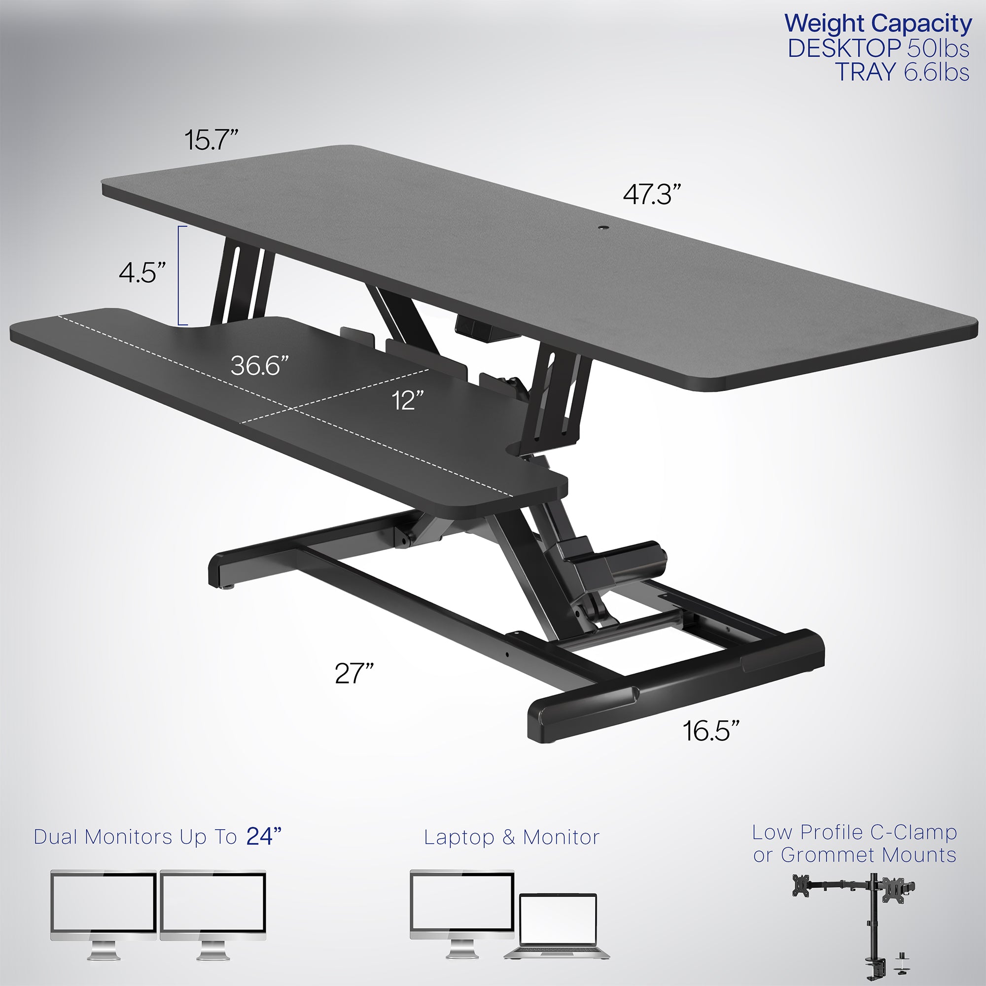 Electric Motor Desk Converter, Height Adjustable Riser, Sit to Stand Dual Monitor and Laptop Workstation with Wide Keyboard Tray