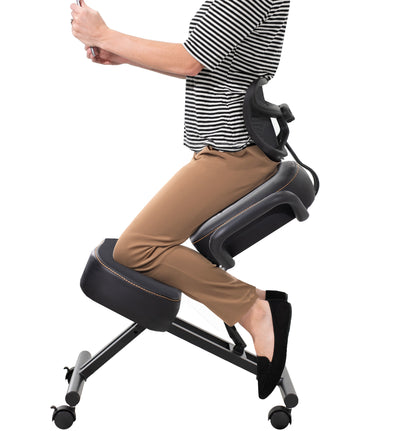 Height adjustable comfortable kneeling chair with locking caster wheels.