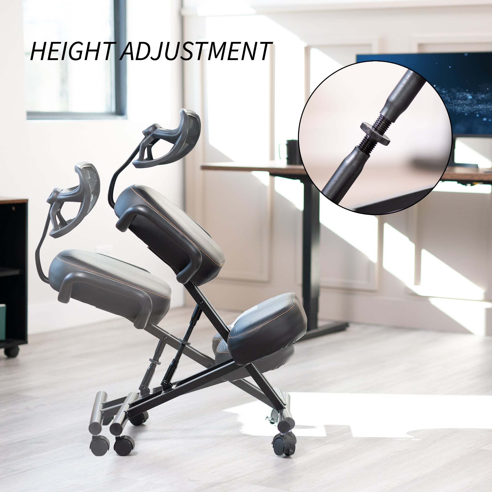 Height adjustable comfortable kneeling chair with locking caster wheels.