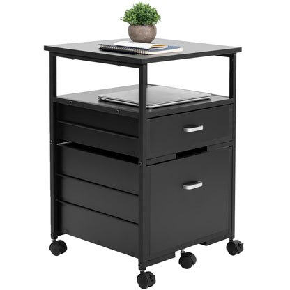 Heavy duty mobile filing cabinet with locking casters and anti-tip wheel.