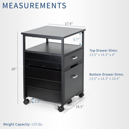 Heavy duty mobile filing cabinet with locking casters and anti-tip wheel.