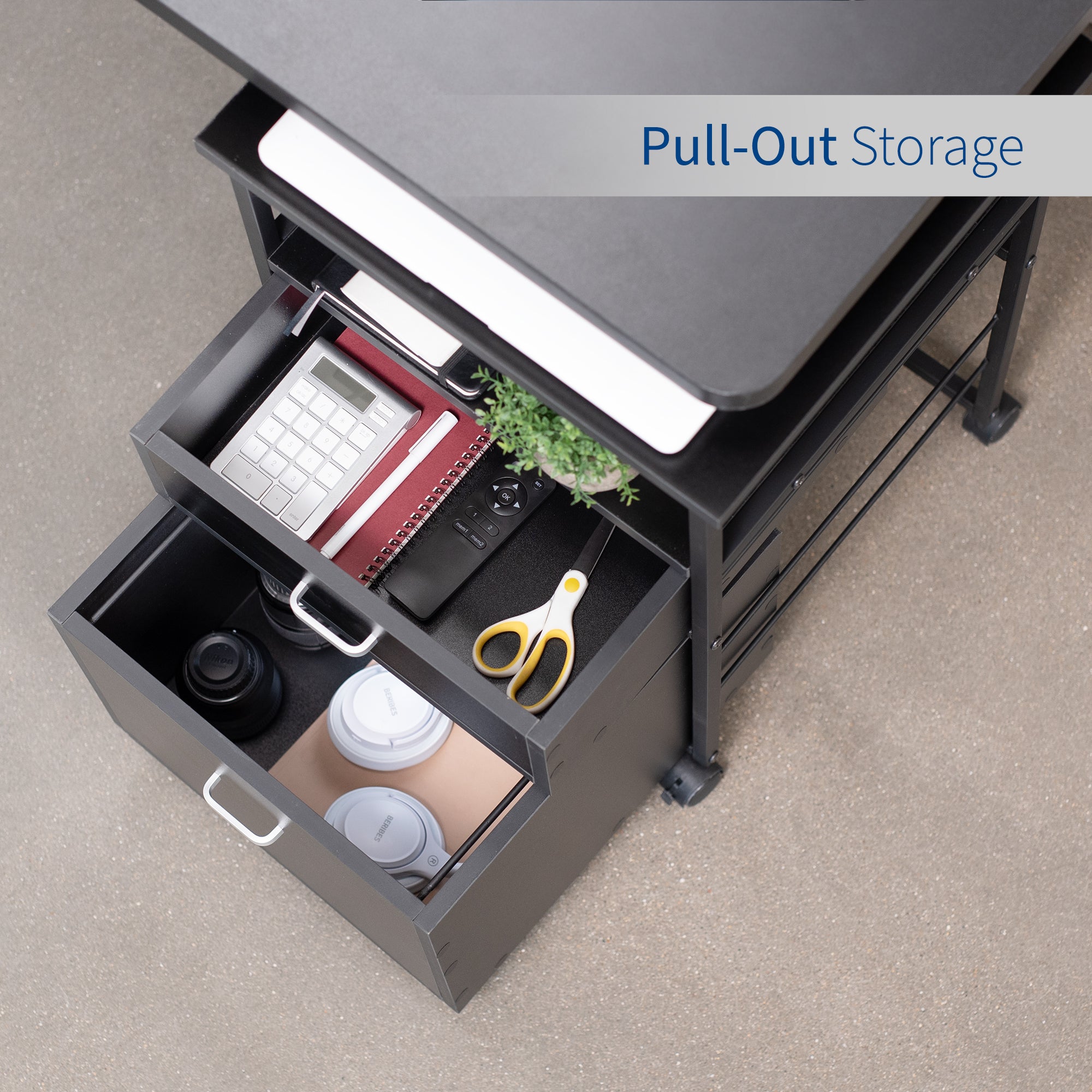 Heavy duty mobile filing cabinet with locking casters and anti-tip wheel.