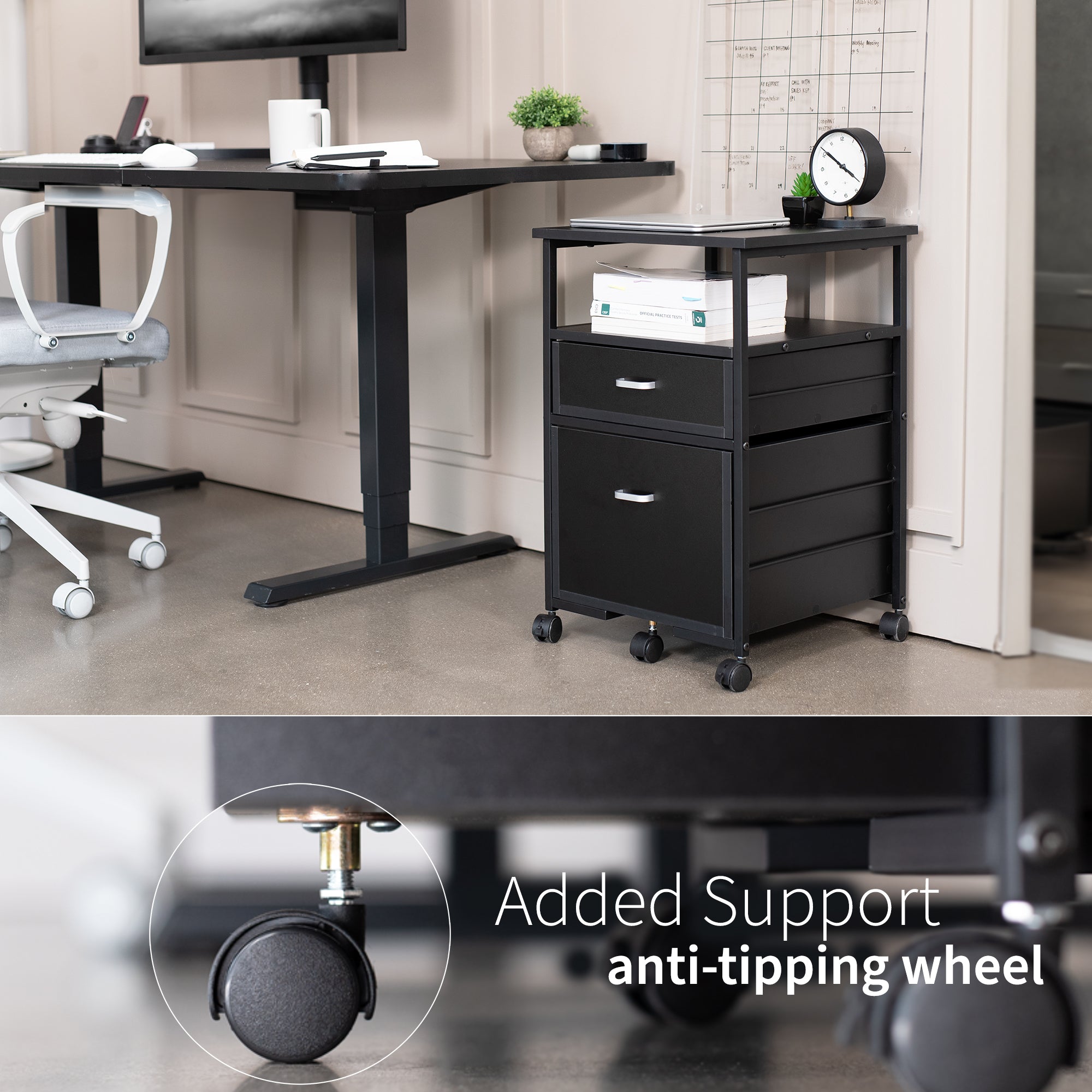 Heavy duty mobile filing cabinet with locking casters and anti-tip wheel.