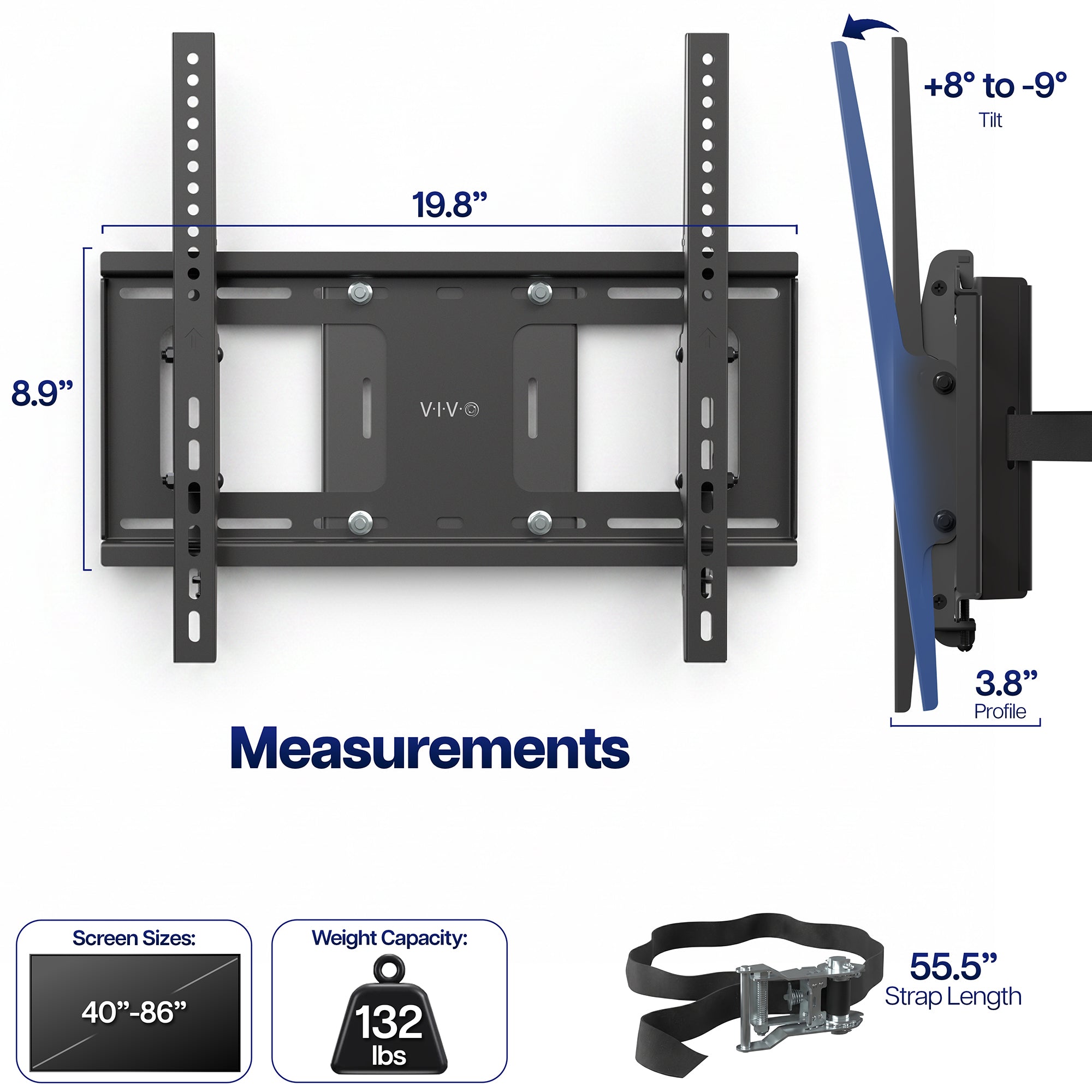 Strap-on column TV mount dimensions showing adjustable bracket, extension, tilt, and mounting range