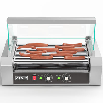 Seven-roller hotdog machine with sanitation hood.