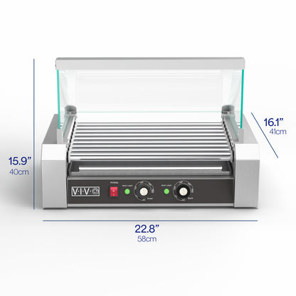 Nine-roller hotdog machine with sanitation hood.