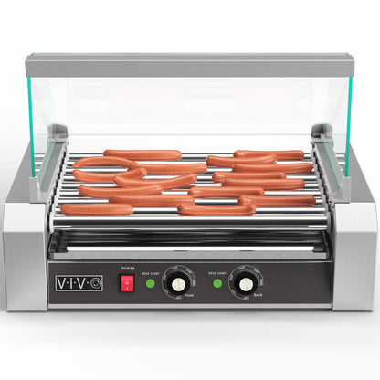 Nine-roller hotdog machine with sanitation hood.